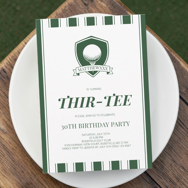 Thirtee Elegant Gröna Män Golf 30-årsfest Inbjudningar (Thirtee Elegant Green Men Golf 30th Birthday Party Invitation)