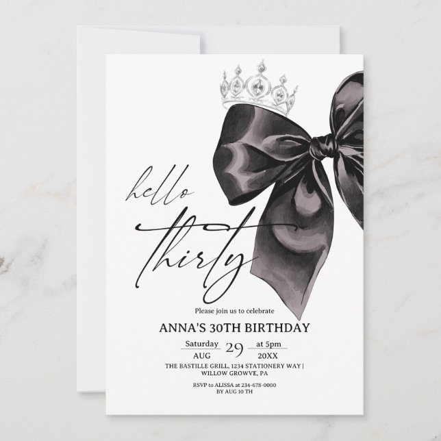 Thirty Black Bow 30th Birthday Invitation Inbjudningar (Framsida)
