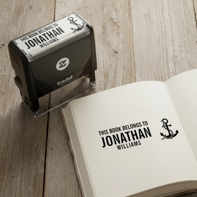 This Book Belongs To Stamp with Anchor Självfärgande Stämpel (This book belongs to custom name pre inked stamp with nautical anchor.)