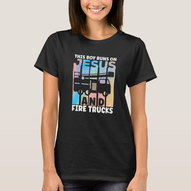 This Boy Runs On Jesus and Fire Trucks Future Fire T Shirt (Framsida)