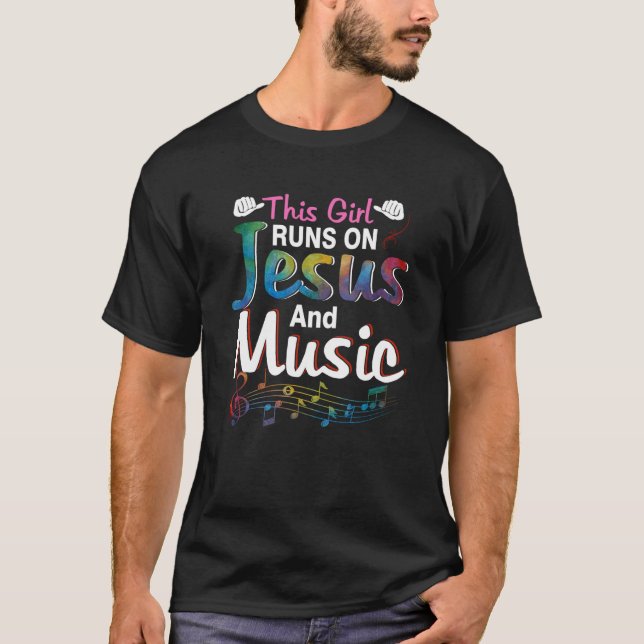 This Girl Runs On Jesus and Music for Women T Shirt (Framsida)