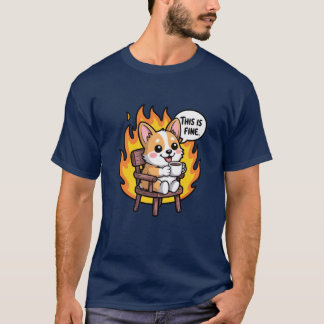 This Is Fine Funny Cartoon Corgi Meme friend T Shirt