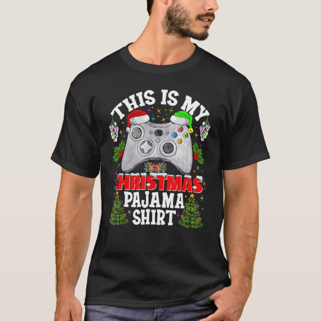 This is My Christmas Pajama Santa Hat Gamer Video  T Shirt (Framsida)