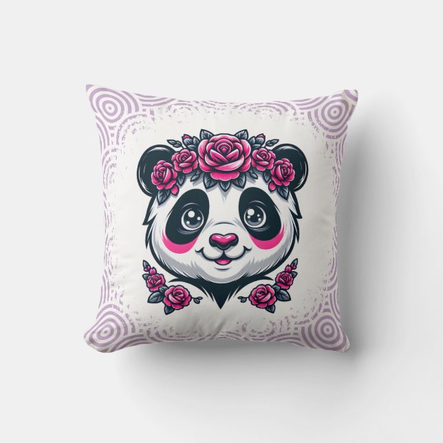 This smiling panda framed by pink roses blends exo kudde (Framsida)