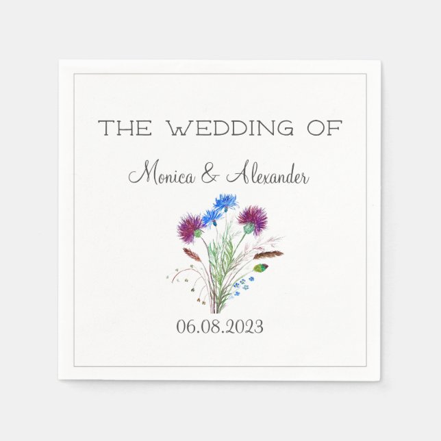 Thistle Blommigt Scottish Watercolor Bröllopsfest Pappersservett (Framsidan)