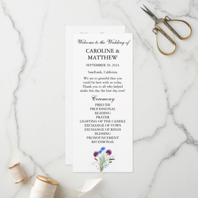 Thistle Lila Blommigt Elegant Modern Bröllop Program (Fram/Back In Situ)