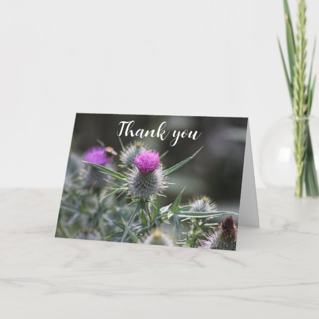 Thistle Lila Scottish Blommigt Bröllop Tack Kort (Framsida)
