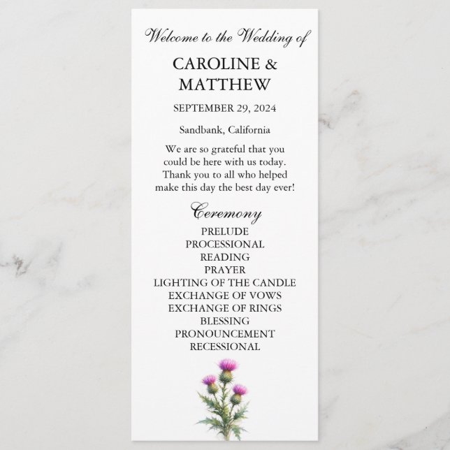 Thistle Purple Floral Elegant Modern Wedding  Program (Framsida)