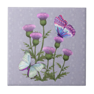 Thistles and Butterflies on Mauve Kakelplatta