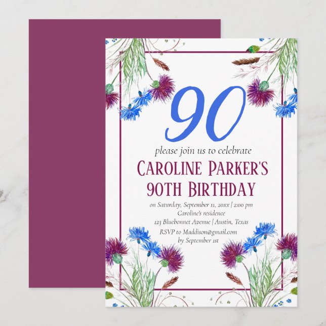 Thisttish 90:e Birthday Lila Blommigt Inbjudningar (Fram/baksida)