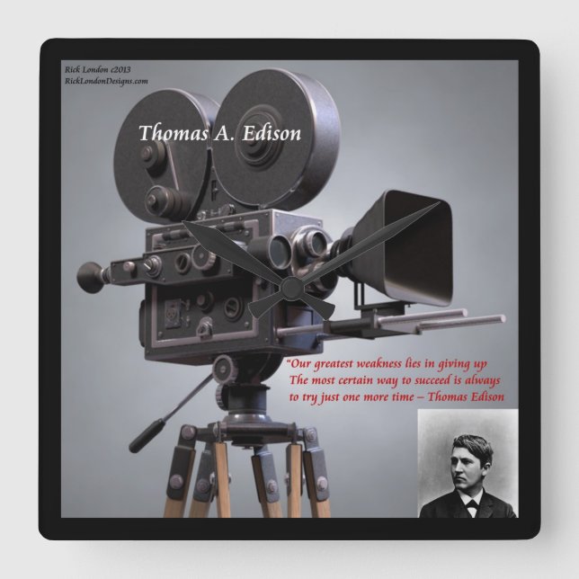 Thomas Edison "En gång till"-Citat Vägglocka Fyrkantig Klocka (Framsida)