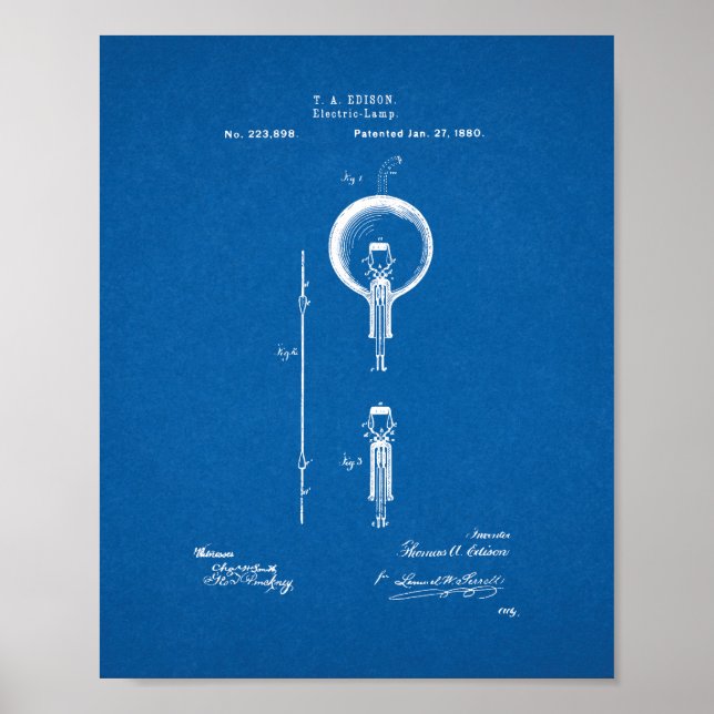 Thomas Edison Light Bulb Patent - Blueprint Poster (Framsidan)