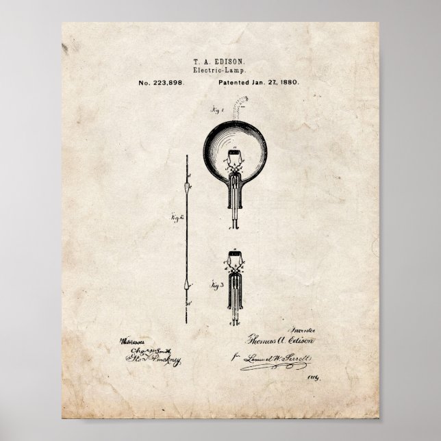 Thomas Edison Light Bulb Patent - Gammalt utseende Poster (Framsidan)