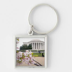 Thomas Jefferson-minnesmärket med körsbärsblommor Fyrkantig Silverfärgad Nyckelring