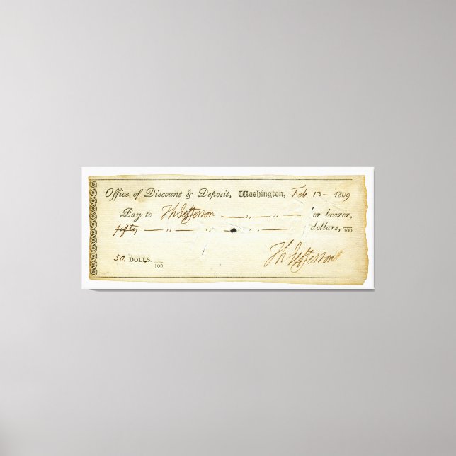 Thomas Jefferson Namnteckning på Bank Check 1809 Canvastryck (Framsida)