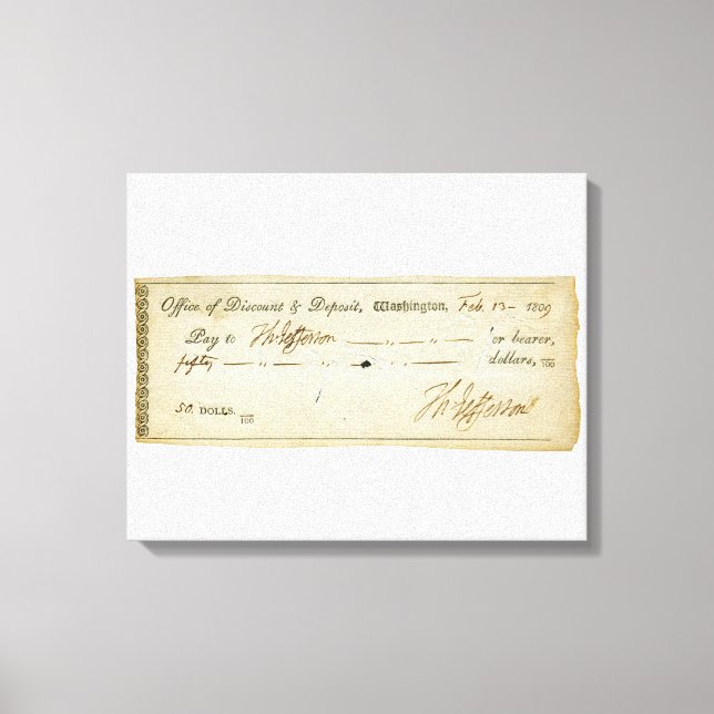 Thomas Jefferson Namnteckning på Bank Check 1809 Canvastryck (Framsida)