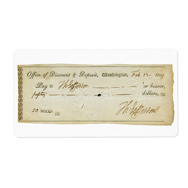 Thomas Jefferson Namnteckning på Bank Check 1809 Fraktsedel (Framsidan)