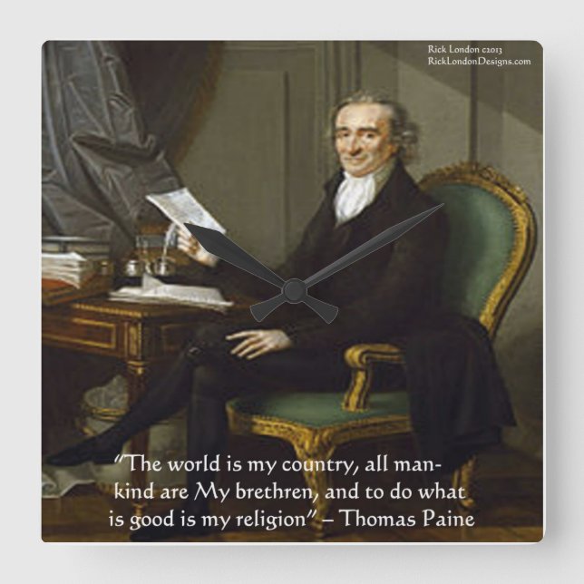 Thomas Paine "My Religion" Wisdom Quote Wall Clock Fyrkantig Klocka (Framsida)