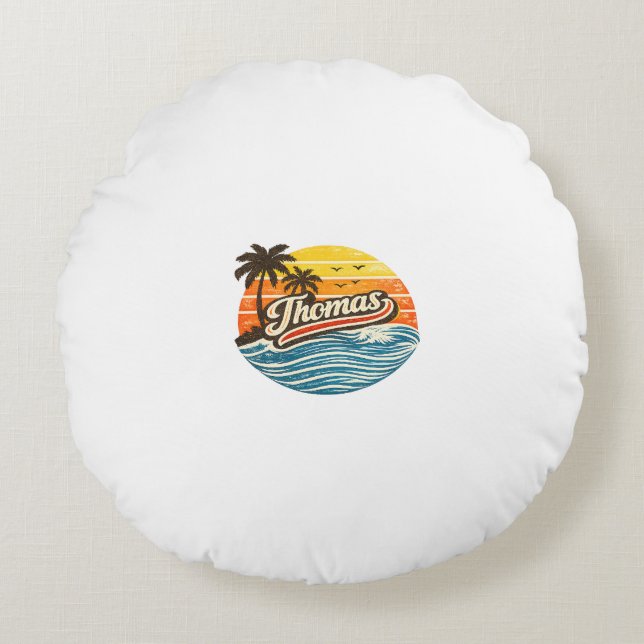 Thomas Retro Solnedgång Namn Design Rund Kudde (Framsidan)