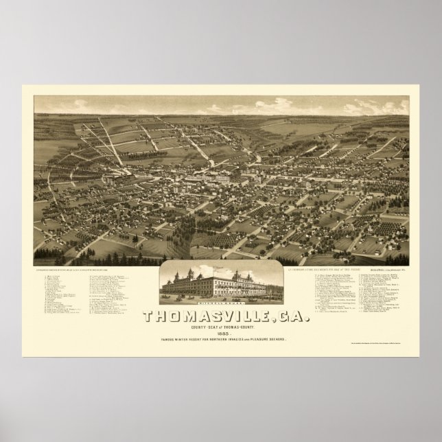Thomasville, GA Panoramic Karta - 1885 Poster (Framsidan)