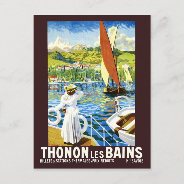 Thonon, Les Bains, kvinna på Yacht, Frankrike Vykort (Framsida)