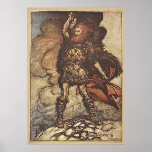 Thor Raises Hans Hammer Arthur Rackham Poster (Framsidan)