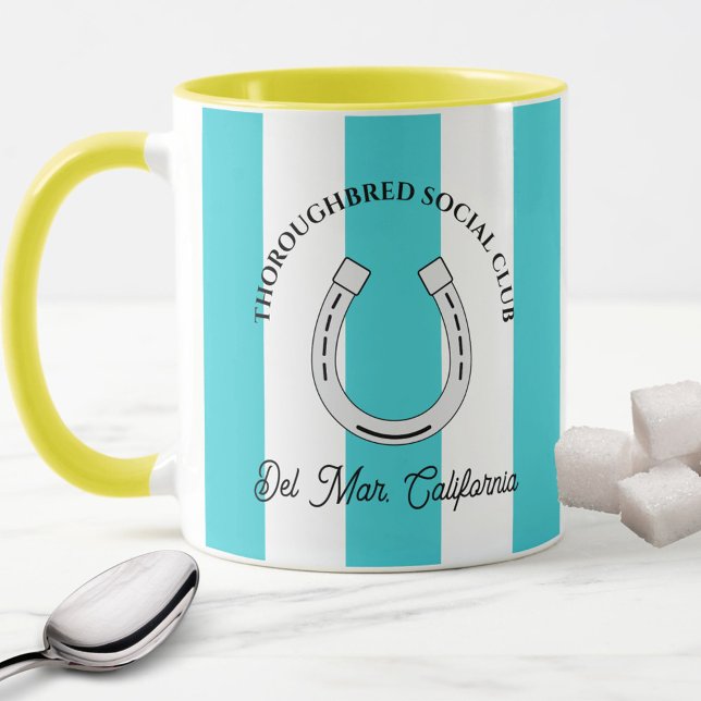 Thoroughavlad Social Klubb Turcos Rand Horse Mugg (Thoroughbred Social Club mug with turquoise stripes and horseshoe accent)