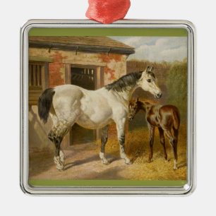 Thoroughbredmare och föl julgransprydnad metall