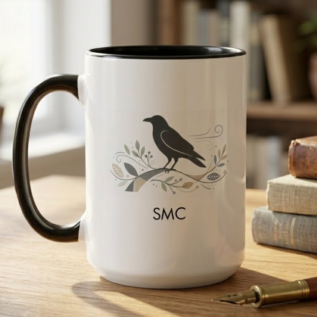 Thoughtful Nordic Raven Nature Lover Monogram Gift Mugg (Nordic raven monogram mug)