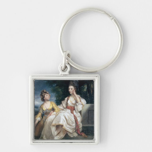 Thrale och hennes dotter Hester 1777-78 Fyrkantig Silverfärgad Nyckelring (Framsidan)