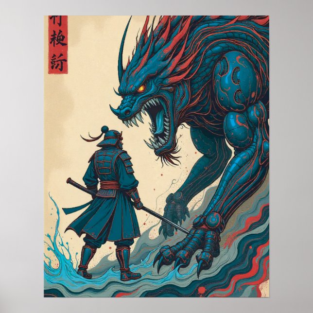 "Threads of War – Cyber Samurai vs Glyph Beast" Poster (Framsidan)