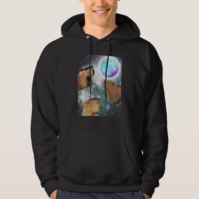 Three 3 Moon Capybaras Space Rodent Animal Parody  Hoodie (Framsida)