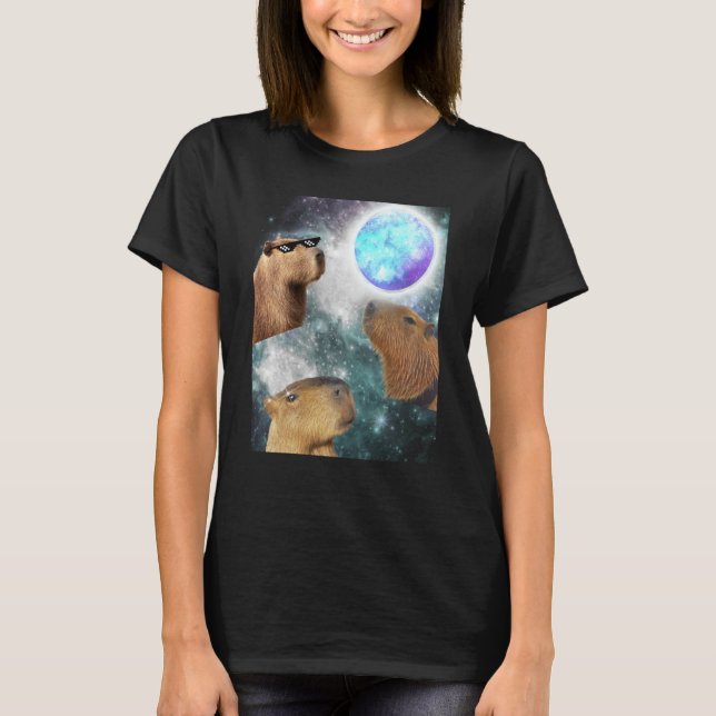 Three 3 Moon Capybaras Space Rodent Animal Parody  T Shirt (Framsida)