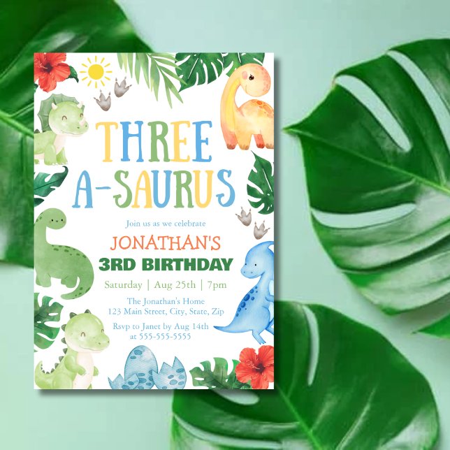 Three A-Saurus Dino 3rd Birthday Inbjudningar (Skapare uppladdad)