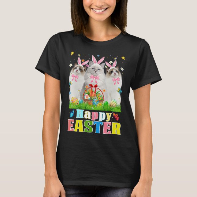 Three Bunny Ragdoll Cats & Easter Egg Basket Easte T Shirt (Framsida)
