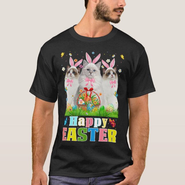 Three Bunny Ragdoll Cats & Easter Egg Basket Easte T Shirt (Framsida)
