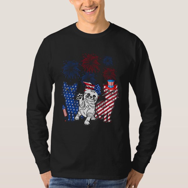 Three Cat 4th Of July American Flag Patriotic Cat T Shirt (Framsida)