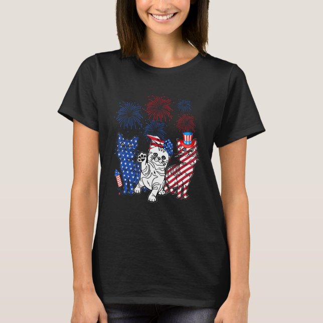 Three Cat 4th Of July American Flag Patriotic Cat T Shirt (Framsida)