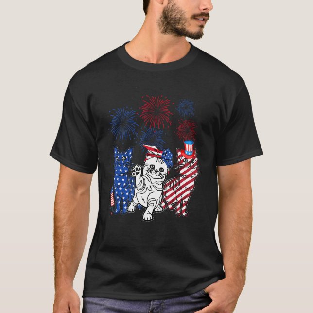 Three Cat 4th Of July American Flag Patriotic Cat T Shirt (Framsida)