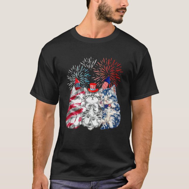 Three Cat 4th Of July American Flag Patriotic Cat T Shirt (Framsida)