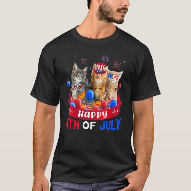Three Cat Happy 4th Of July Balloon  Independence  T Shirt (Framsida)