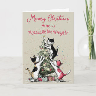 Three Cats Decorating A Tree Christmas Card Kort