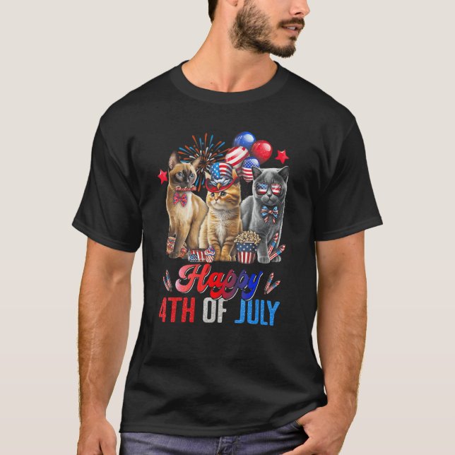 Three Cats Happy 4th Of July Cat  Independence Day T Shirt (Framsida)
