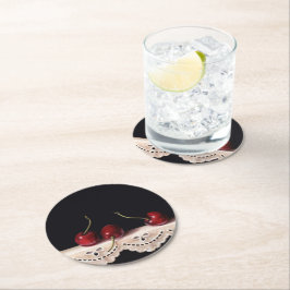 Three Cherries on lace Coaster Underlägg Papper Rund