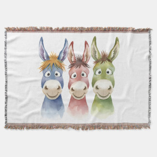 Three Colorful Cartoon Donkeys in Watercolor Style Filt