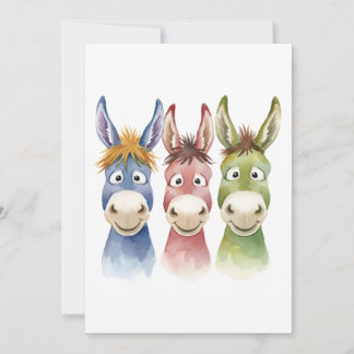 Three Colorful Cartoon Donkeys in Watercolor Style Inbjudningar