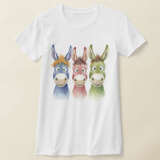 Three Colorful Cartoon Donkeys in Watercolor Style T Shirt