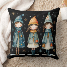 Three Cozy Girls in Snow Throw Pillow Kudde