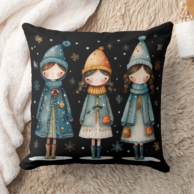 Three Cozy Girls in Snow Throw Pillow Kudde (Filt)