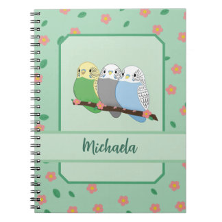 Three Cute Budgies Floral Cherry Spiral Notebook Anteckningsbok